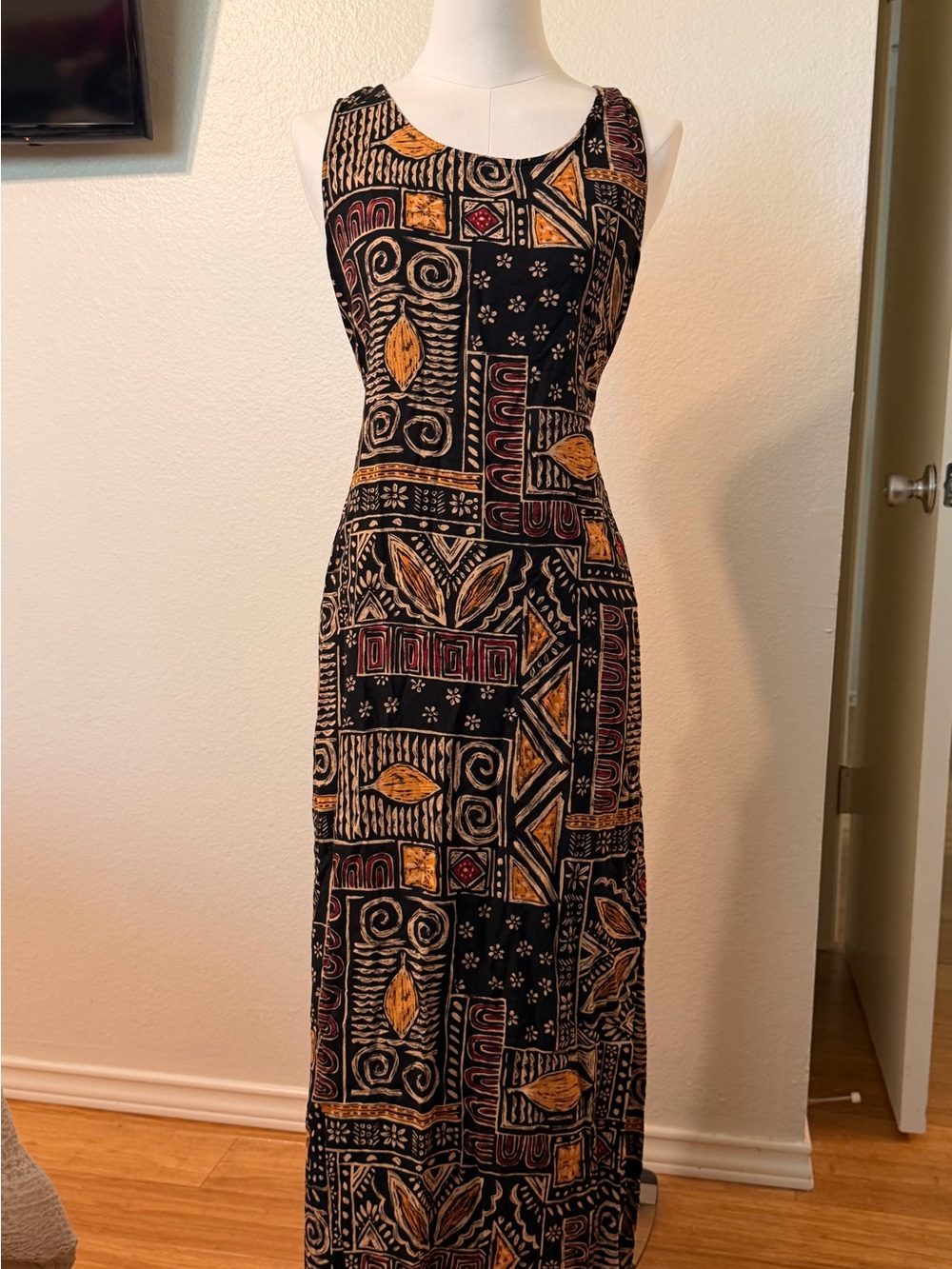 Tribal Studio Black Maxi Dress with Gold and Red Tribal Print
